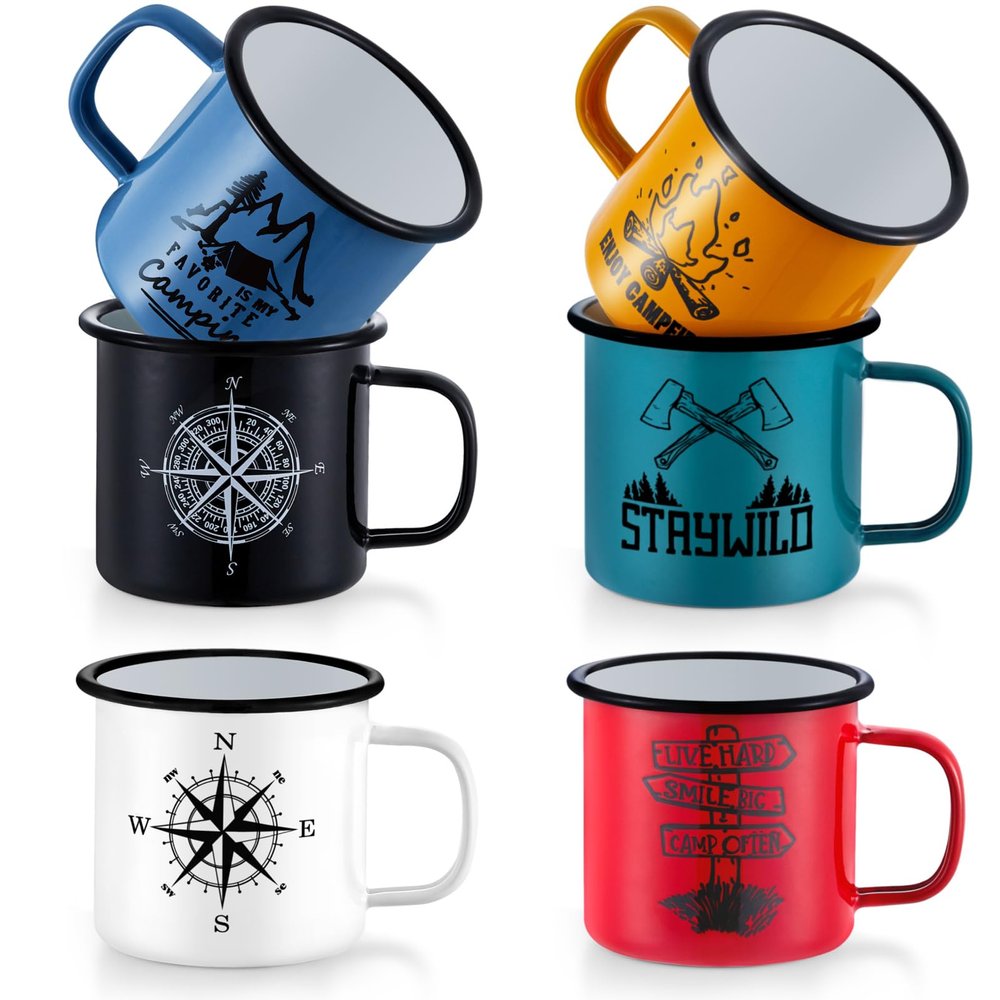 TeamFar Coffee Mug, 16 OZ Multi Colors Enamel Tea Mug Set of 6, Camp Drinking Cups with Patterns for Milk Tea, Non-Toxic & Portable, Lightweight & Sturdy, Wide Handle & Smooth Rim, Easy Clean