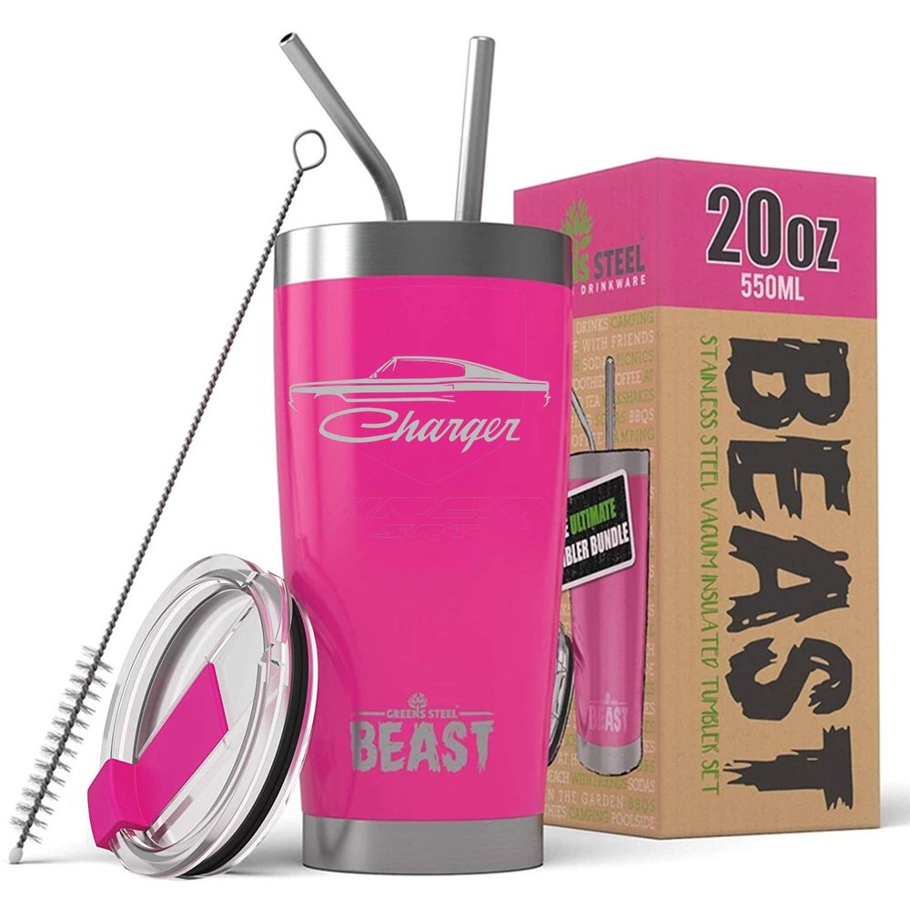 1966 1967 Charger Beast 20 oz Stainless Steel Insulated Tumbler w/Lid, 2 Straws, Brush and Gift Box hotpink
