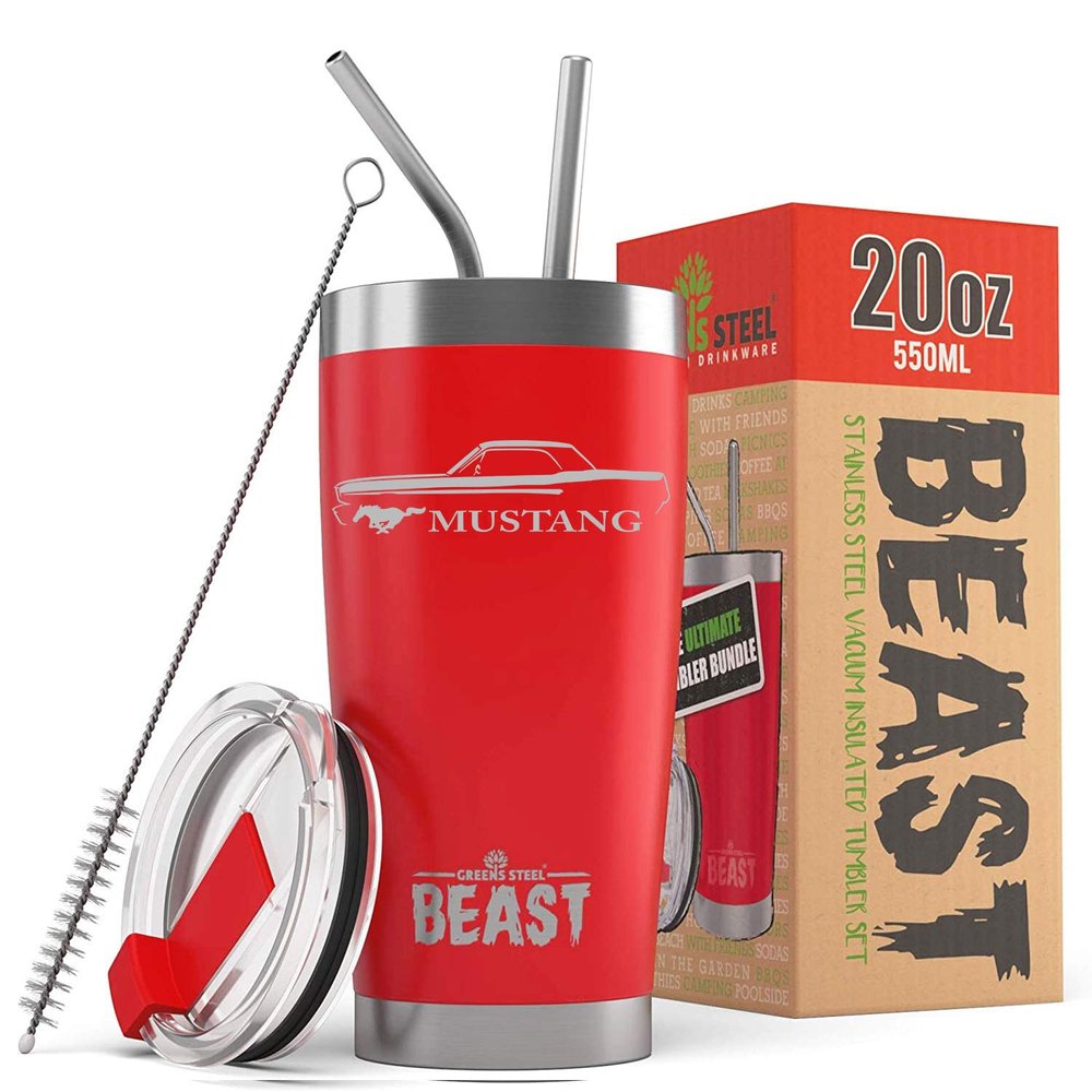 1965 1966 Ford Mustang Hardtop Beast 20 oz Stainless Steel Insulated Tumbler w/Lid, 2 Straws, Brush and Gift Box red