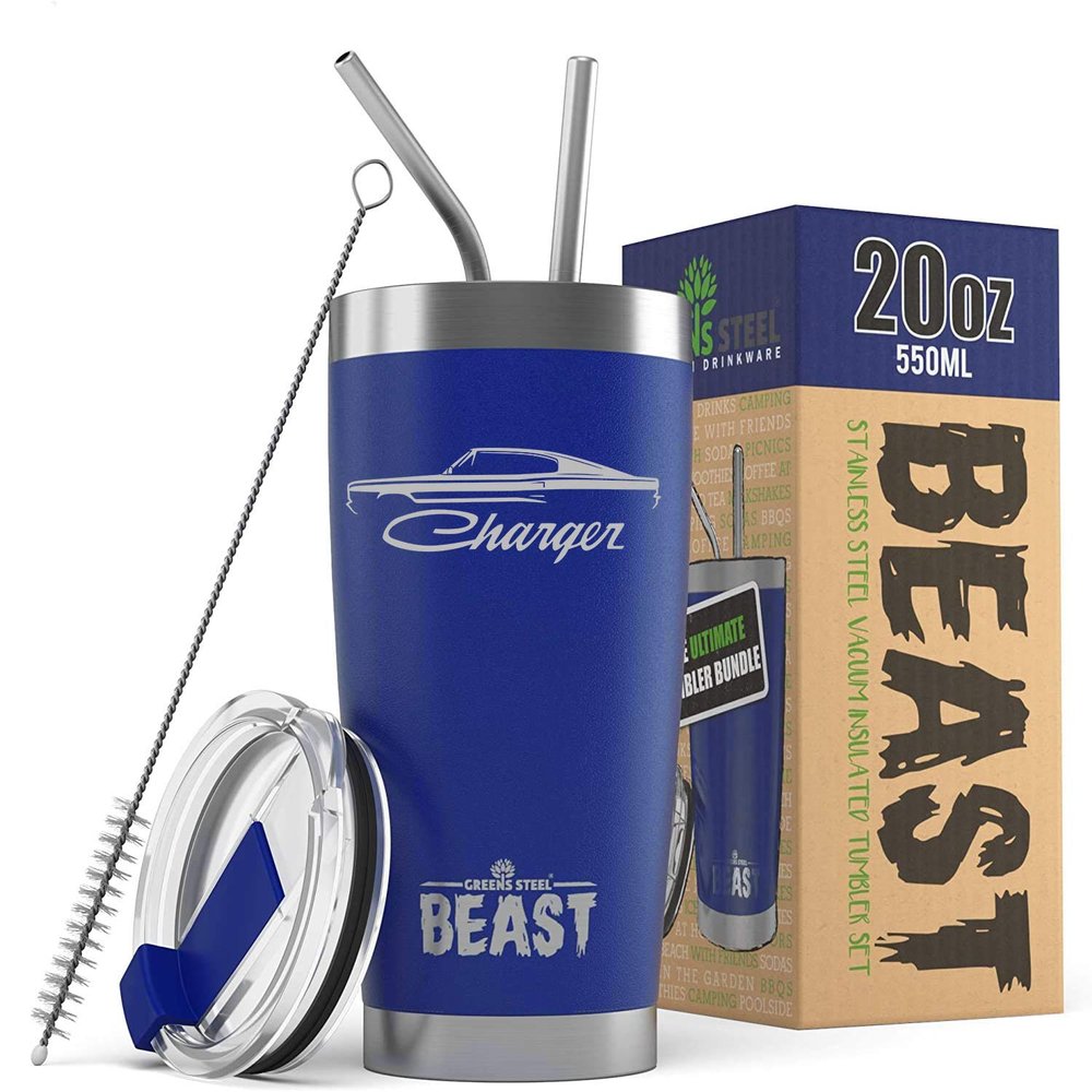 1966 1967 Charger Beast 20 oz Stainless Steel Insulated Tumbler w/Lid, 2 Straws, Brush and Gift Box royal