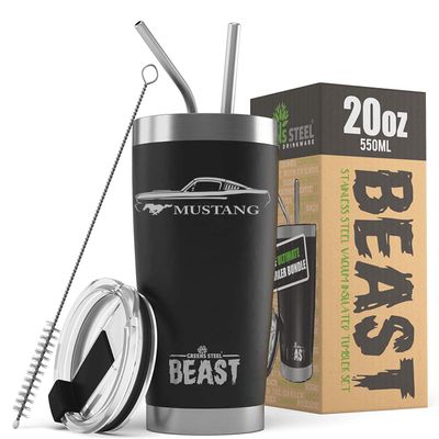 1965 1966 Ford Mustang Fastback Beast 20 oz Stainless Steel Insulated Tumbler w/Lid, 2 Straws, Brush and Gift Box black