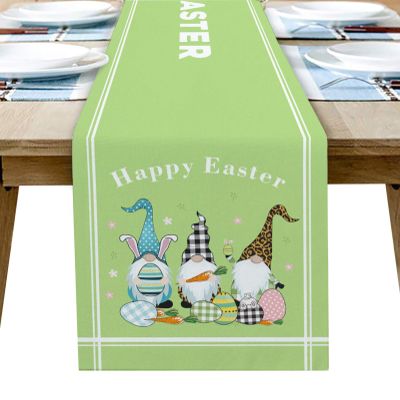 Easter Table Runner Bunny Ears Gnomes Dresser Scarves Easter Eggs Green Check Plaid Leopard Animal Skin Non-Slip Runner Tablecloth for Happy Easter Spring Holiday Dinner Parties Home Decor 13x120inch