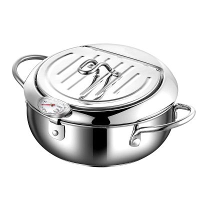 AIZYR Nonstick Deep Fryer Pan, Japanese-Style Tempura Deep Fryer with Thermometer, Dust-Proof Lid and Oil Drip Rack for Kitchen Cooking,24cm