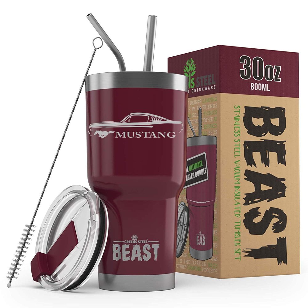 1965 1966 Ford Mustang Fastback Beast 30 oz Stainless Steel Insulated Tumbler w/Lid, 2 Straws, Brush and Gift Box maroon