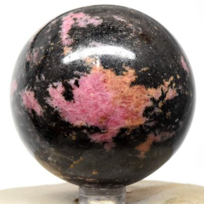 2.4" 410g Pink Orange Rhodonite in Black Psilomelane Sphere Polished Natural Sparkling Gemstone Crystal Mineral Ball - Atsimo-Andrefana, Madagascar + Stand