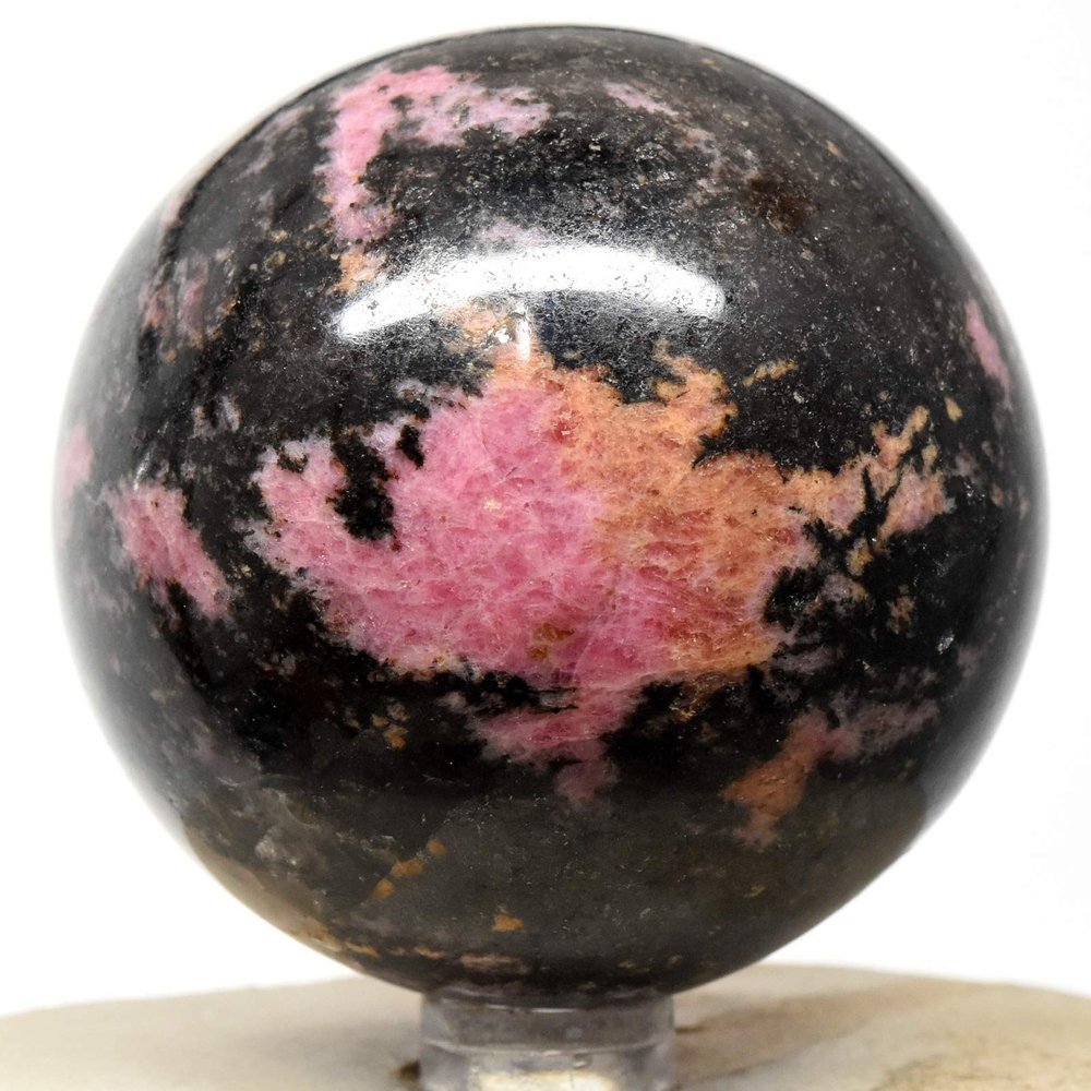 2.4" 410g Pink Orange Rhodonite in Black Psilomelane Sphere Polished Natural Sparkling Gemstone Crystal Mineral Ball - Atsimo-Andrefana, Madagascar + Stand