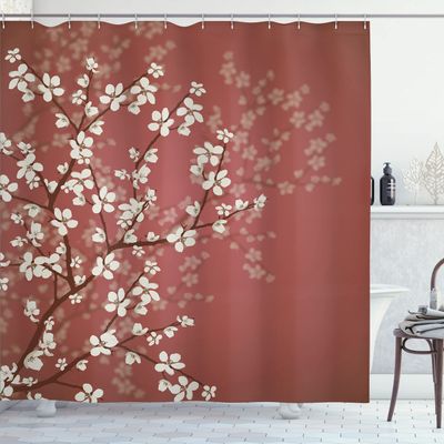 Ambesonne Japanese Shower Curtain, Spring Season Sakura Bloom Design Romantic Cherry Blossom on Blurry Branches, Cloth Fabric Bathroom Decor Set with Hooks, 69" W x 70" L, Pale Rust
