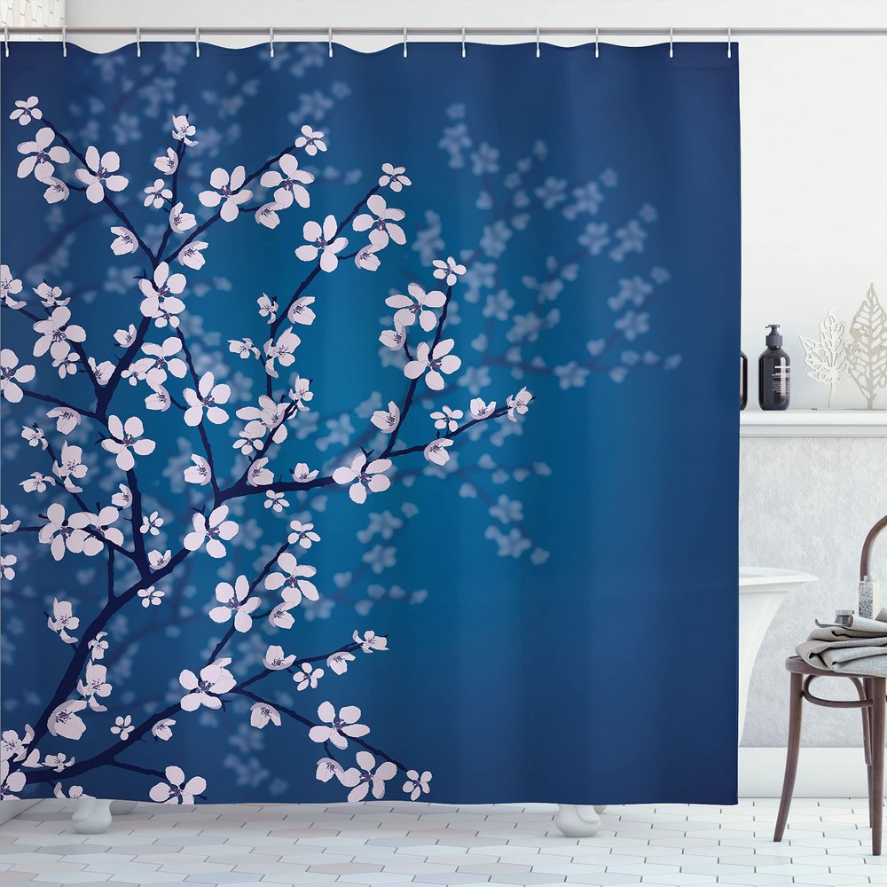 Ambesonne Japanese Shower Curtain, Spring Season Sakura Bloom Design Romantic Cherry Blossom on Blurry Branches, Cloth Fabric Bathroom Decor Set with Hooks, 69" W x 84" L, Dark Sky Blue