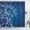 Ambesonne Japanese Shower Curtain, Spring Season Sakura Bloom Design Romantic Cherry Blossom on Blurry Branches, Cloth Fabric Bathroom Decor Set with Hooks, 69" W x 84" L, Dark Sky Blue view 1
