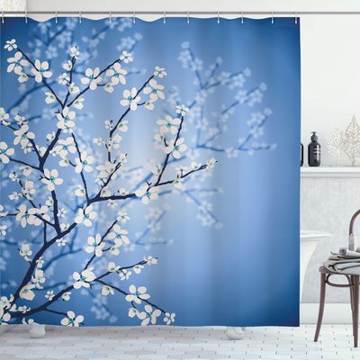 Ambesonne Japanese Shower Curtain, Spring Season Sakura Bloom Design Romantic Cherry Blossom on Blurry Branches, Cloth Fabric Bathroom Decor Set with Hooks, 69" W x 70" L, Azure Blue