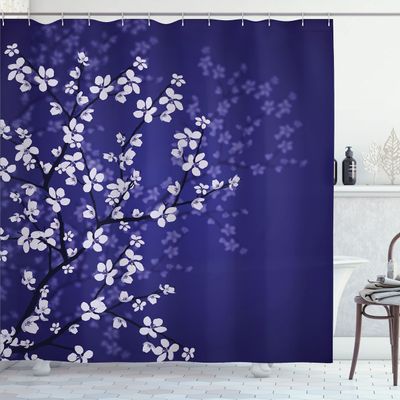 Ambesonne Japanese Shower Curtain, Spring Season Sakura Bloom Design Romantic Cherry Blossom on Blurry Branch, Cloth Fabric Bathroom Decor Set with Hooks, 69" W x 70" L, Indigo Violet Blue