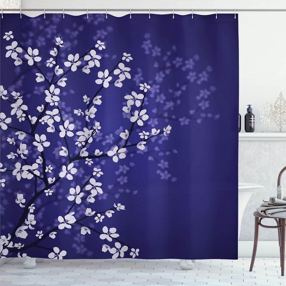 Ambesonne Japanese Shower Curtain, Spring Season Sakura Bloom Design Romantic Cherry Blossom on Blurry Branch, Cloth Fabric Bathroom Decor Set with Hooks, 69" W x 70" L, Indigo Violet Blue