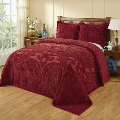 HNU 1 Piece Oversized Crimson Red Chenille Bedspread Elegant Solid Color Western Tufted Floral Medallion Motif 96 X 110 Bedspreads Full 100 Percent Cotton Old Fashioned Traditional Extra Long Bedding