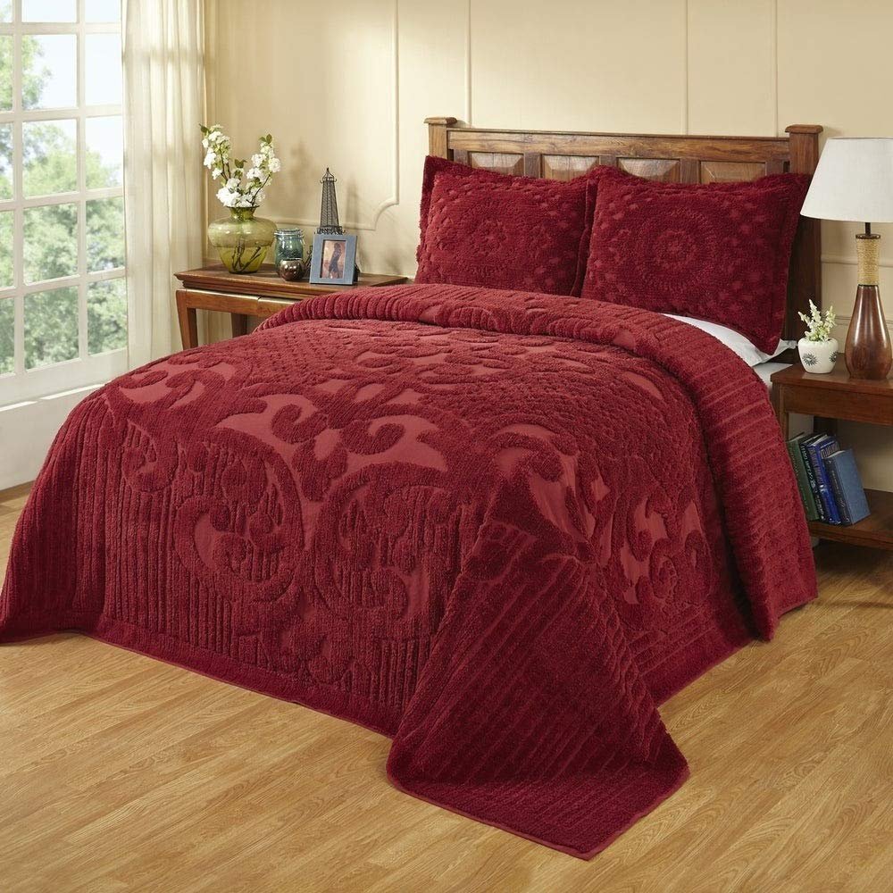 HNU 1 Piece Oversized Crimson Red Chenille Bedspread Elegant Solid Color Western Tufted Floral Medallion Motif 96 X 110 Bedspreads Full 100 Percent Cotton Old Fashioned Traditional Extra Long Bedding