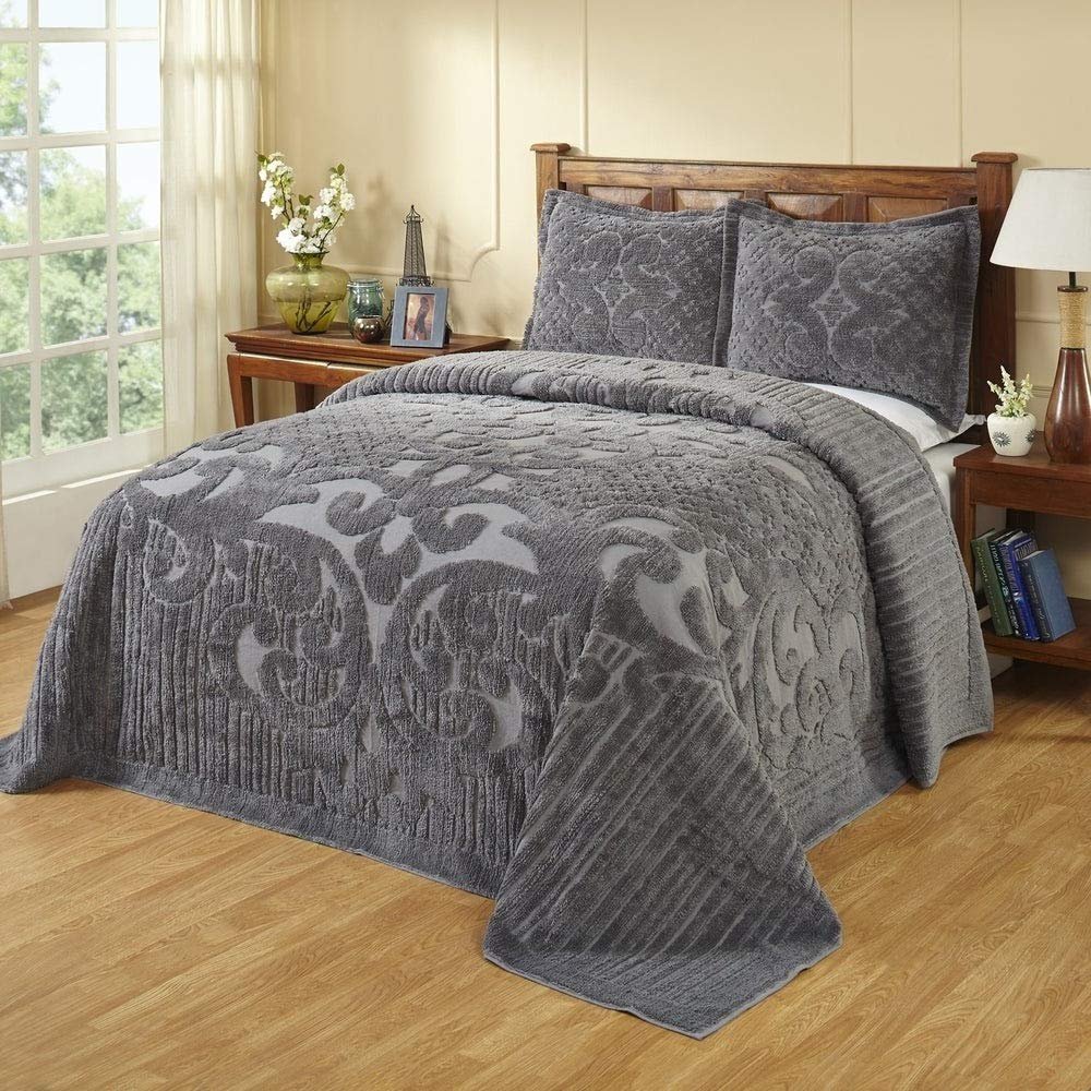 HNU 1 Piece Oversized Grey Gray Chenille Bedspread Elegant Solid Color Western Tufted Floral Medallion Motif 81 X 110 Bedspreads Twin 100 Percent Cotton Old Fashioned Traditional Extra Long Bedding
