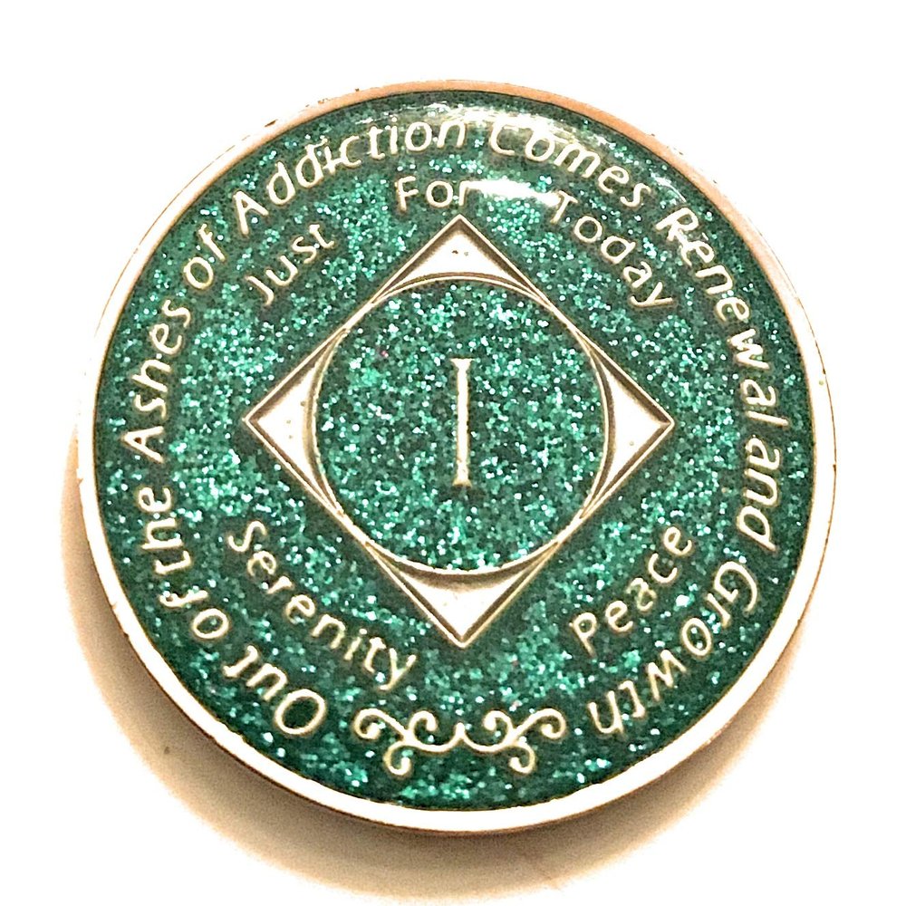 1 Year NA Bling Medallion - Aqua, Turquoise, Glitter, Blue, Chip, Coin, Token