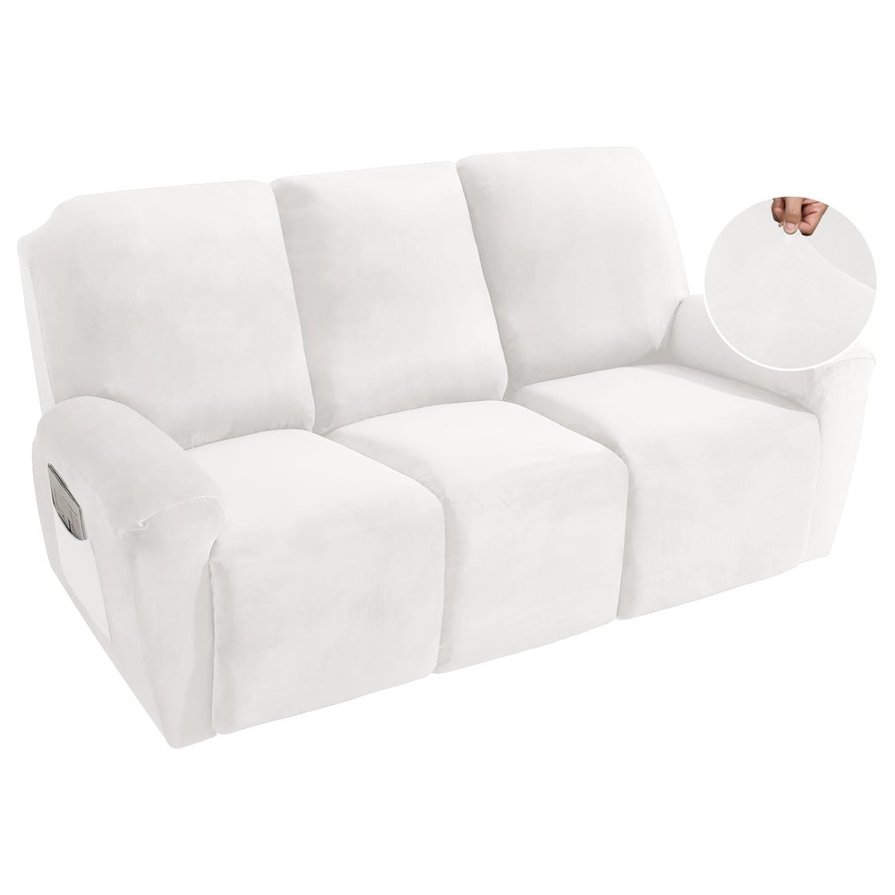 MAXIJIN 8 Pieces Recliner Sofa Covers, Stretch Velvet Reclining Couch Covers for 3 Cushion Furniture Covers, Thick, Soft, Washable Reclining Sofa Slipcovers (Sofa Recliner, White)