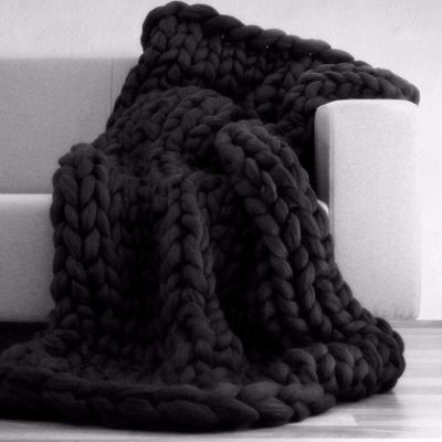 BWBG Chunky Knit Blanket Handmade Black, Knitted Blankets Throw 6cm Wide Knitted Skin-Friendly Throw Super Large Hand-Made Knitting Yarn Pet Bed Chair Sofa Yoga Mat Rug -40x40''