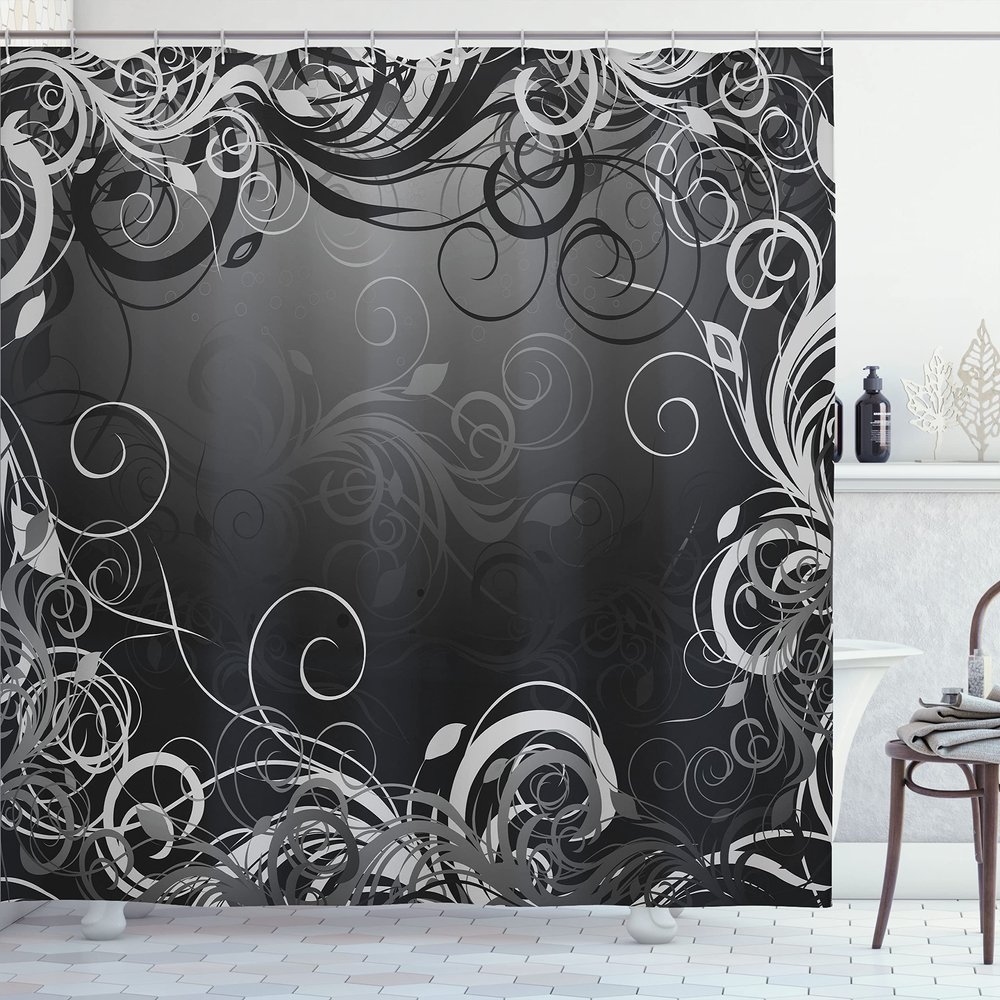 Ambesonne Abstract Shower Curtain, Mystic Forest Floral Swirls Leaves Nature Fading Ombre Effect Illustration, Cloth Fabric Bathroom Decor Set with Hooks, 69" W x 70" L, Dark Silver Grey