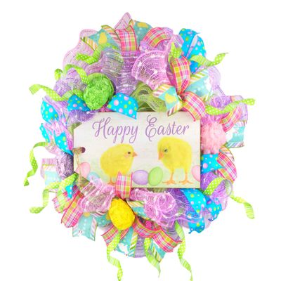 Artisan Happy Easter Wreath with 4 Hand Made Fabric Floral Eggs, Made with Green, Pink & Purple weather Resistant Mesh