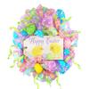 Artisan Happy Easter Wreath with 4 Hand Made Fabric Floral Eggs, Made with Green, Pink & Purple weather Resistant Mesh view 1