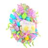 Artisan Happy Easter Wreath with 4 Hand Made Fabric Floral Eggs, Made with Green, Pink & Purple weather Resistant Mesh view 3