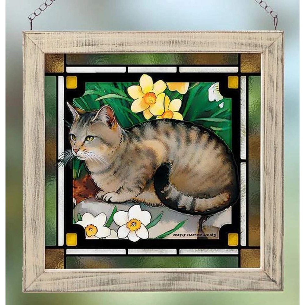 Wild Wings Mac's Garden - Cat Stained Glass Art by Persis Clayton Weirs 9" x 9" Wildlife Window Panel with Black Frame, Ready to Hang, Made in USA