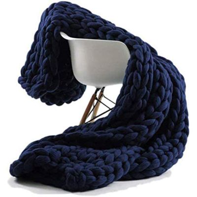 Chunky Knit Blankets Throw Navy, Handmade Chunky Knitted Blanket Skin-Friendly by Soft Knitting 6cm Wide Knitted Beautiful Home Decor Throw, Couch, Bed, Chair, Sofa, Gift-32x40''