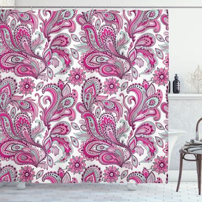 Ambesonne Paisley Shower Curtain, Ethnic Swirly Flowers Leaves Floral Pattern Bohemian Style Country Print, Cloth Fabric Bathroom Decor Set with Hooks, 69" W x 84" L, Hot Pink Pale Blue