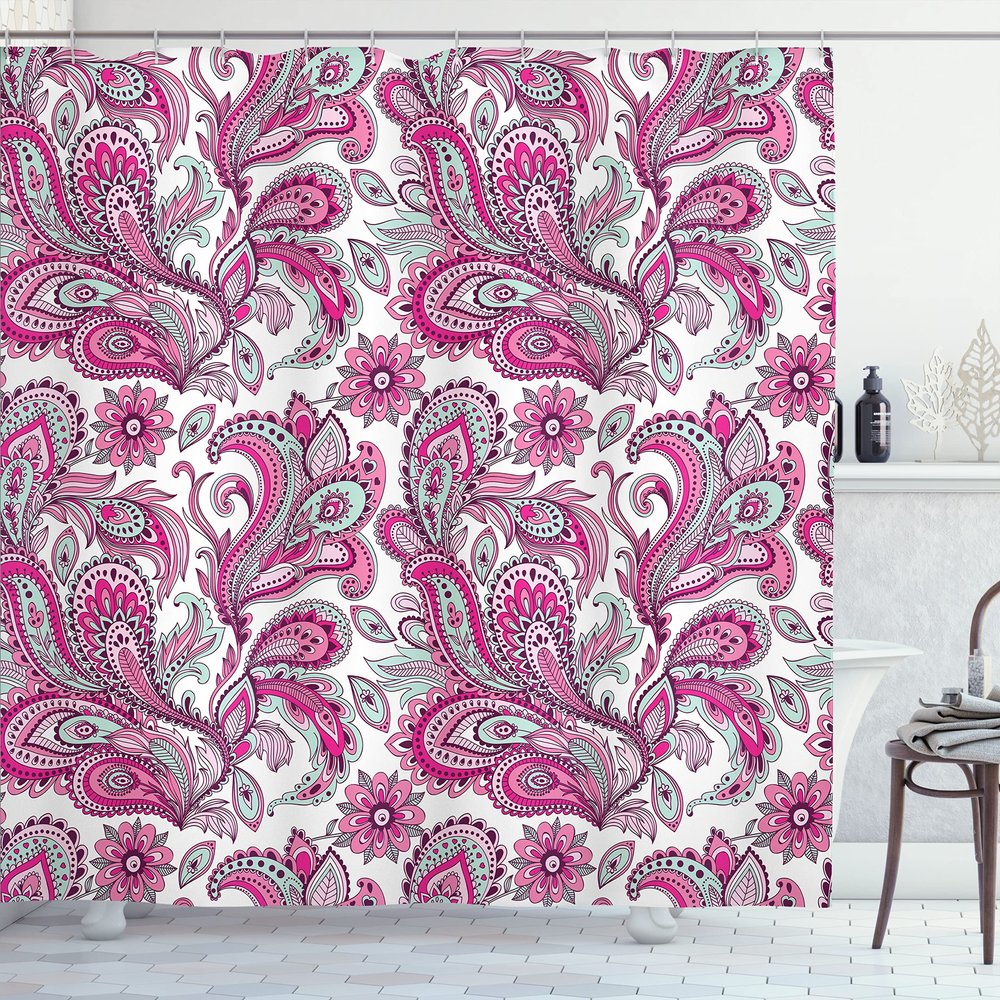 Ambesonne Paisley Shower Curtain, Ethnic Swirly Flowers Leaves Floral Pattern Bohemian Style Country Print, Cloth Fabric Bathroom Decor Set with Hooks, 69" W x 84" L, Hot Pink Pale Blue