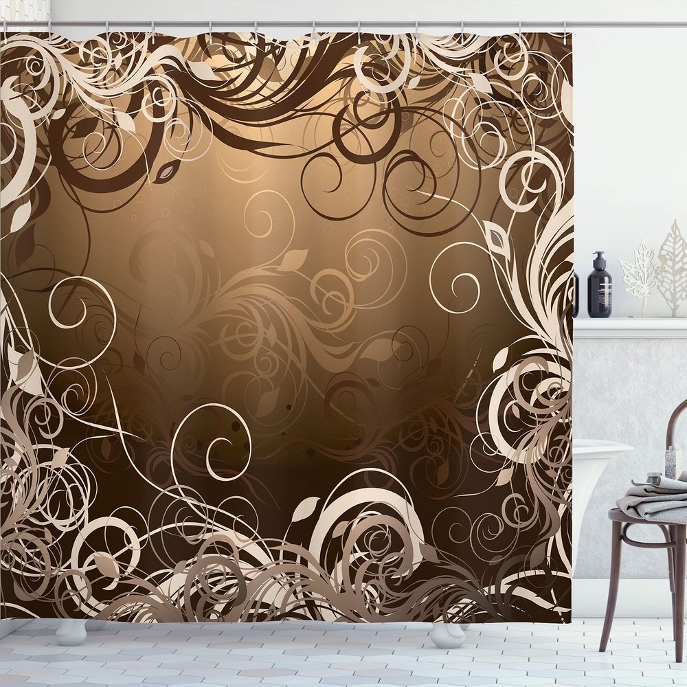 Ambesonne Abstract Shower Curtain, Mystic Forest Floral Swirls Leaves Nature Fading Ombre Effect Illustration, Cloth Fabric Bathroom Decor Set with Hooks, 69" W x 84" L, Caramel Brown