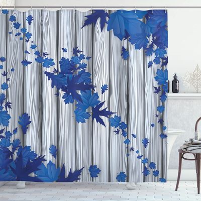 Ambesonne Autumn Shower Curtain, Fall Maple Leafs Tree Diagonal Leaves Foliage Rustic Wooden Planks Illustration, Cloth Fabric Bathroom Decor Set with Hooks, 69" W x 84" L, Cobalt Blue