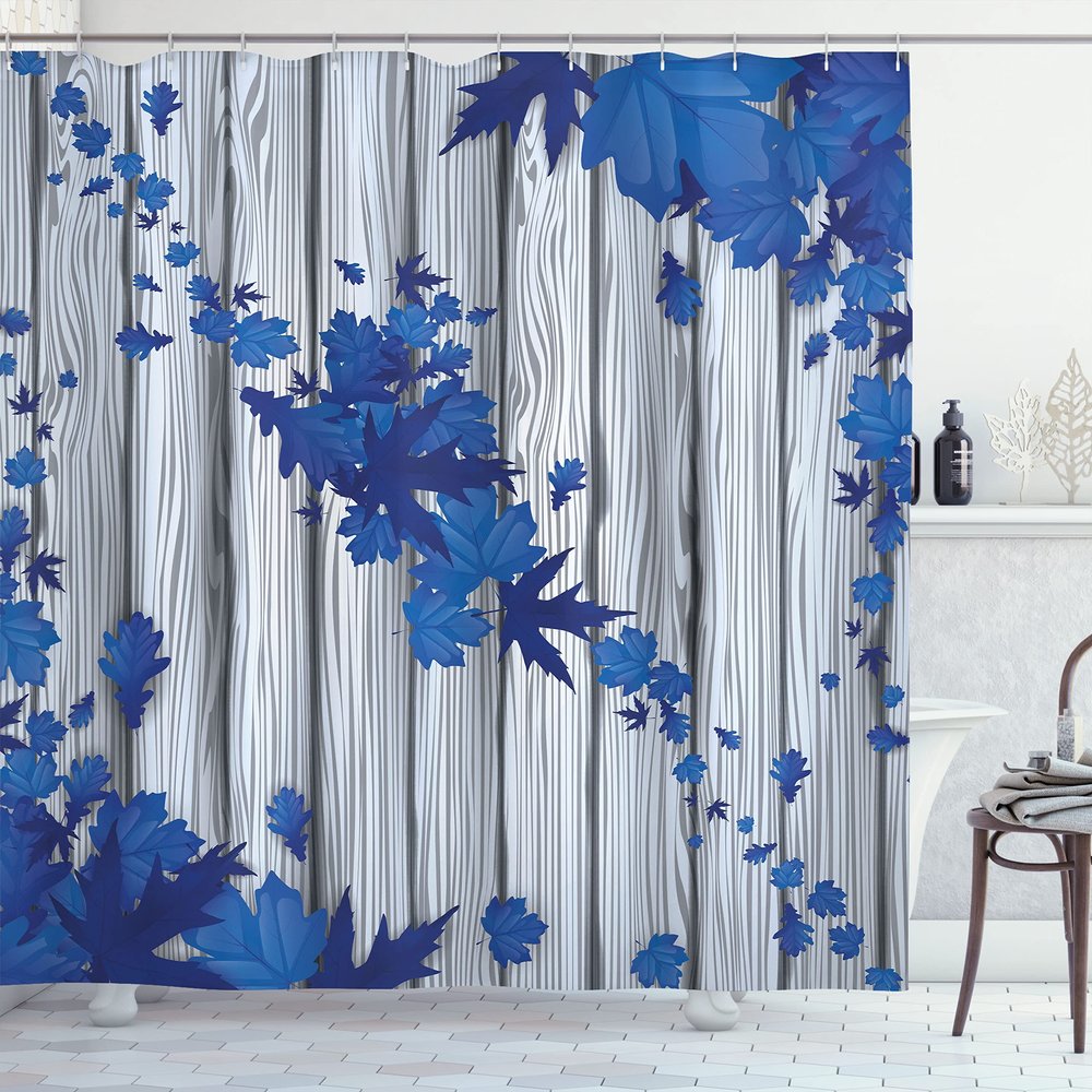 Ambesonne Autumn Shower Curtain, Fall Maple Leafs Tree Diagonal Leaves Foliage Rustic Wooden Planks Illustration, Cloth Fabric Bathroom Decor Set with Hooks, 69" W x 84" L, Cobalt Blue