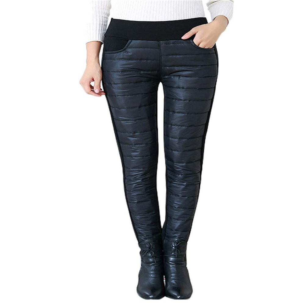 Andongnywell Women's Add Down and Thicken high Waist Elastic Thin Warm Big Mom Down Cotton Pants Trousers (Black,Small)