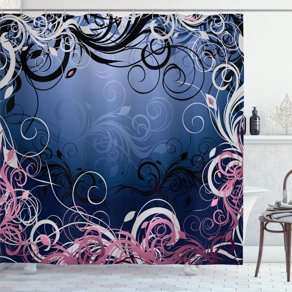 Ambesonne Abstract Shower Curtain, Mystic Forest Floral Swirls Leaves Nature Fading Ombre Effect Illustration, Cloth Fabric Bathroom Decor Set with Hooks, 69" W x 84" L, Night Blue