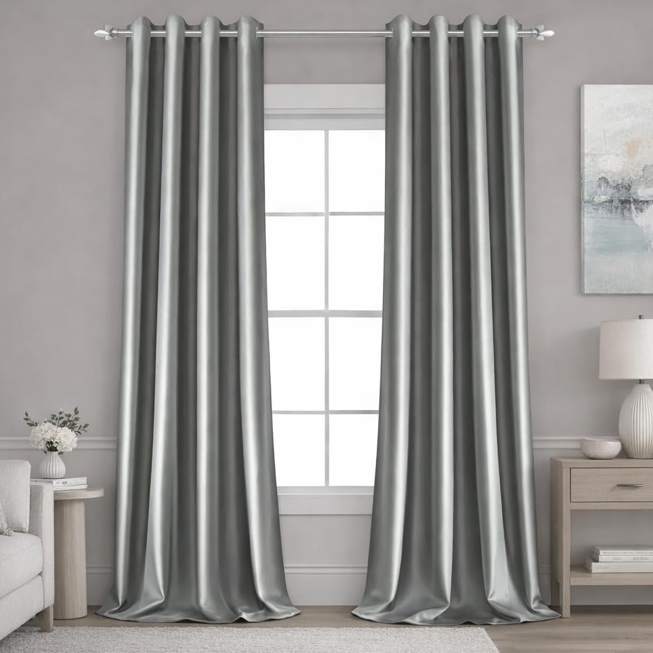 HOMEIDEAS 2 Panels Silver Grey Faux Silk Blackout Luxury Curtains, 52 X 96 Inch Room Darkening Satin Thermal Insulated Window Drapes for Bedroom Decor, Indoor