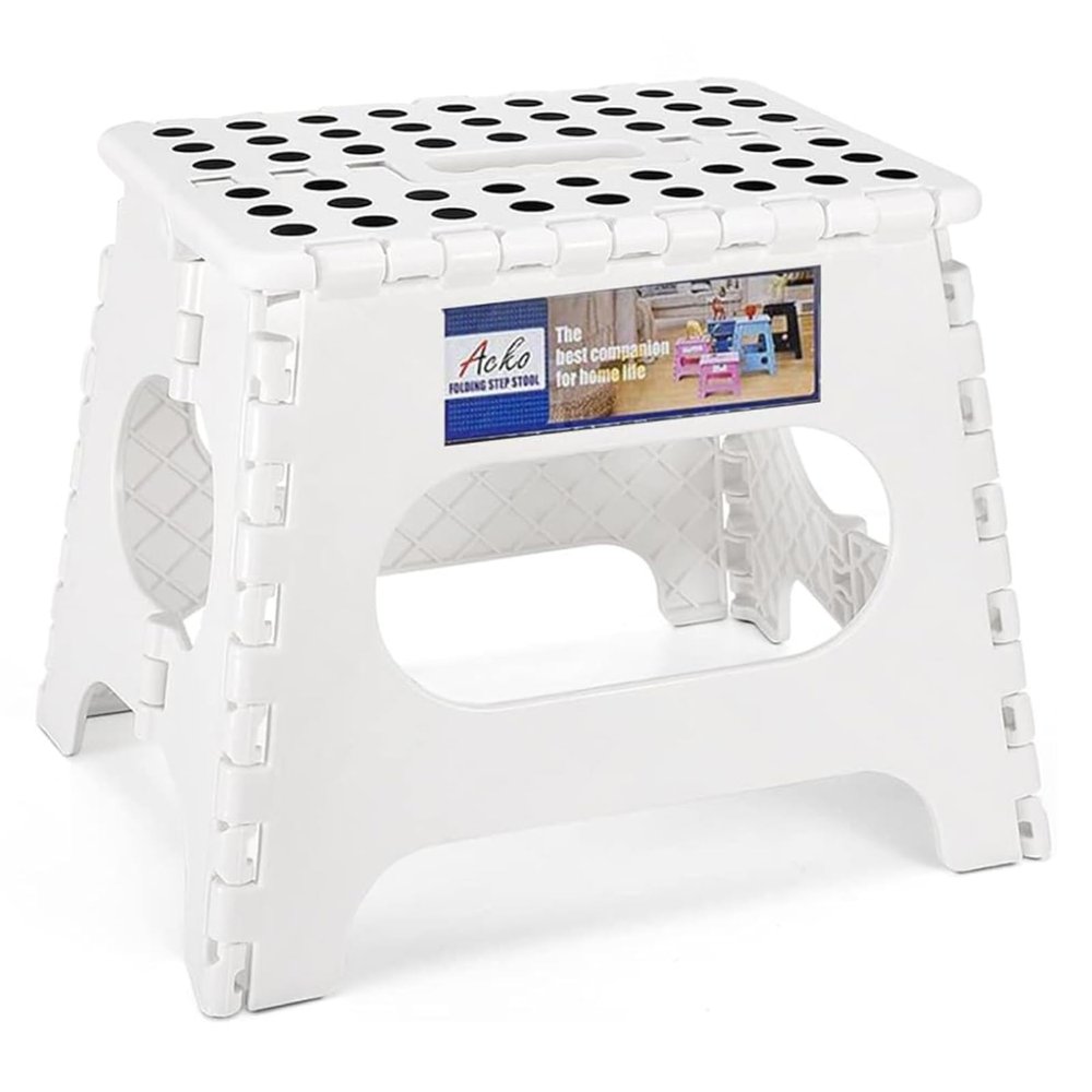 ACKO 11 Inch Folding Step Stool, Non-Slip Foldable Step Stools up to 300lbs for Kids and Adults, Portable Lightweight Collapsible Stool with Handle, for Kitchen Bathroom, White