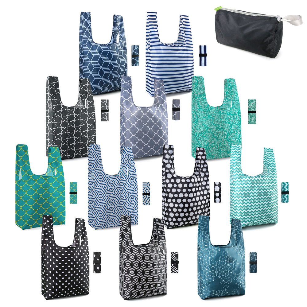 BeeGreen Reusable Foldable Shopping Totes with Handles,12 Pack Heavy Duty Polyester Fabric Geometry Grocery Bags, Large Fashion Reusable Bags for Travel & Groceries, Washable Cloth Bag Bulk