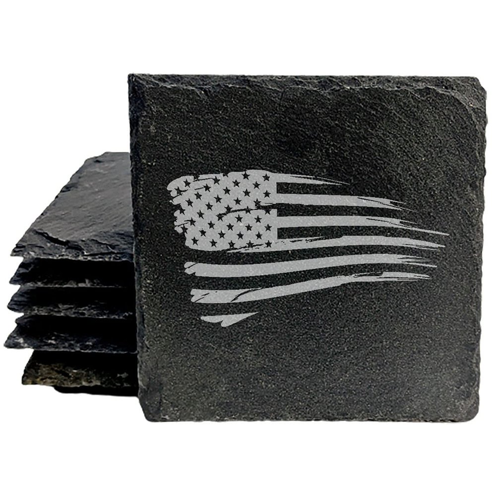 A Touch of Patriotism: Tattered Flag Coasters for All - Square Slate - Set of 4