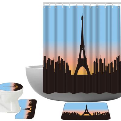 Amagical Paris Eiffel Tower Cityscape Sunset Blue Sky Pattern 4 Piece Bathroom Mat Set Shower Curtain Set Bath Mat Contour Mat Toilet Cover Shower Curtian 12 Hooks