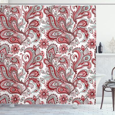 Ambesonne Paisley Shower Curtain, Ethnic Swirly Flowers Leaves Floral Pattern Bohemian Style Country Print, Cloth Fabric Bathroom Decor Set with Hooks, 69" W x 75" L, Pale Pink Soft Blue