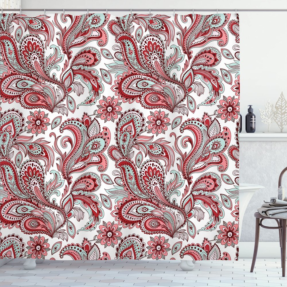 Ambesonne Paisley Shower Curtain, Ethnic Swirly Flowers Leaves Floral Pattern Bohemian Style Country Print, Cloth Fabric Bathroom Decor Set with Hooks, 69" W x 75" L, Pale Pink Soft Blue