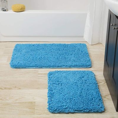2 Piece Non-Slip Memory Foam Aqua Blue Bath Mat 24x17 | Beautiful Solid Color Luxurious Chenille Pile Dries Shag Rug Indoor 32x21 Oversized - Thick Soft Cozy Comfy Microfiber Washable Bathroom Rug Set