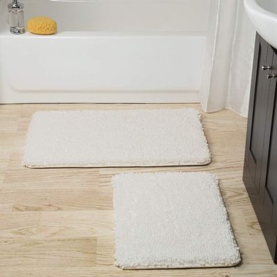 2 Piece Non-Slip Memory Foam Pearl White Bath Mat 24x17 | Beautiful Solid Color Luxurious Chenille Pile Dries Shag Rug Indoor 32x21 Oversized - Thick Soft Cozy Comfy Microfiber Washable Bathroom Rug