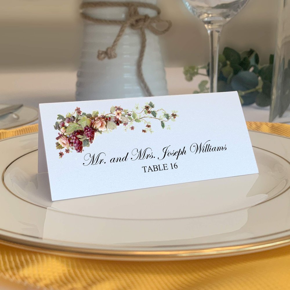 Grapes and Peach Roses Swag Place Cards, Set of 60, Pre-cut and Scored - Wedding, Party, Dinner, and Special Events - Made in the USA