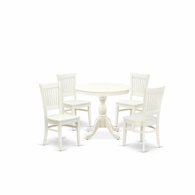 East West Furniture AMVA5-LWH-W 5 Piece Kitchen Table & Chairs Set Includes a Round Dining Room Table with Pedestal and 4 Dining Chairs, 36x36 Inch, Linen White