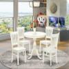 East West Furniture AMVA5-LWH-W 5 Piece Kitchen Table & Chairs Set Includes a Round Dining Room Table with Pedestal and 4 Dining Chairs, 36x36 Inch, Linen White view 2