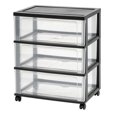 IRIS USA Plastic Drawer Storage Organizer Rolling Cart, with Wheels Casters, 3-Drawers, for Art Craft Supplies Bathroom Dorm Bedroom Laundry Room, Wide, Black