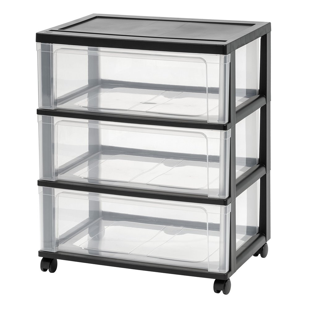 IRIS USA Plastic Drawer Storage Organizer Rolling Cart, with Wheels Casters, 3-Drawers, for Art Craft Supplies Bathroom Dorm Bedroom Laundry Room, Wide, Black