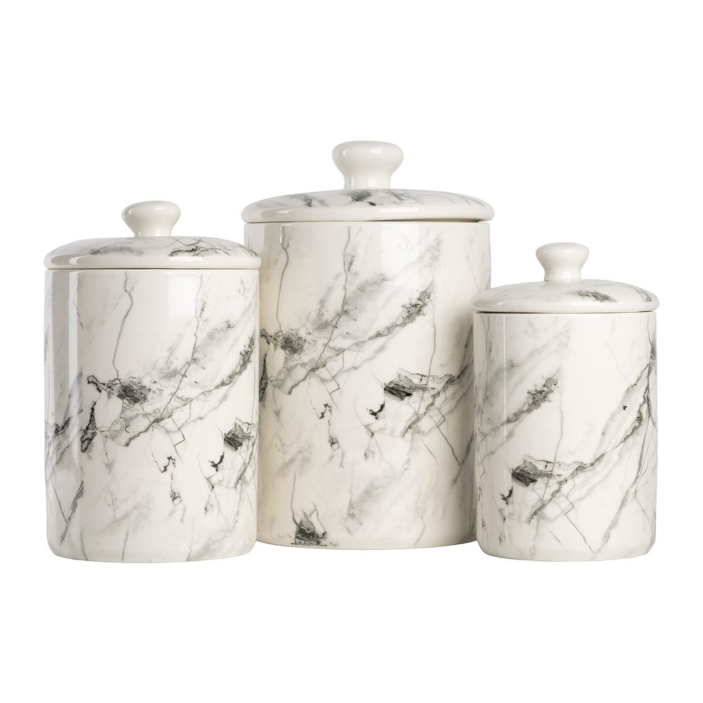 10 Strawberry Street Marble Ceramic Kitchen Canister Set, Set of 3, White/Black